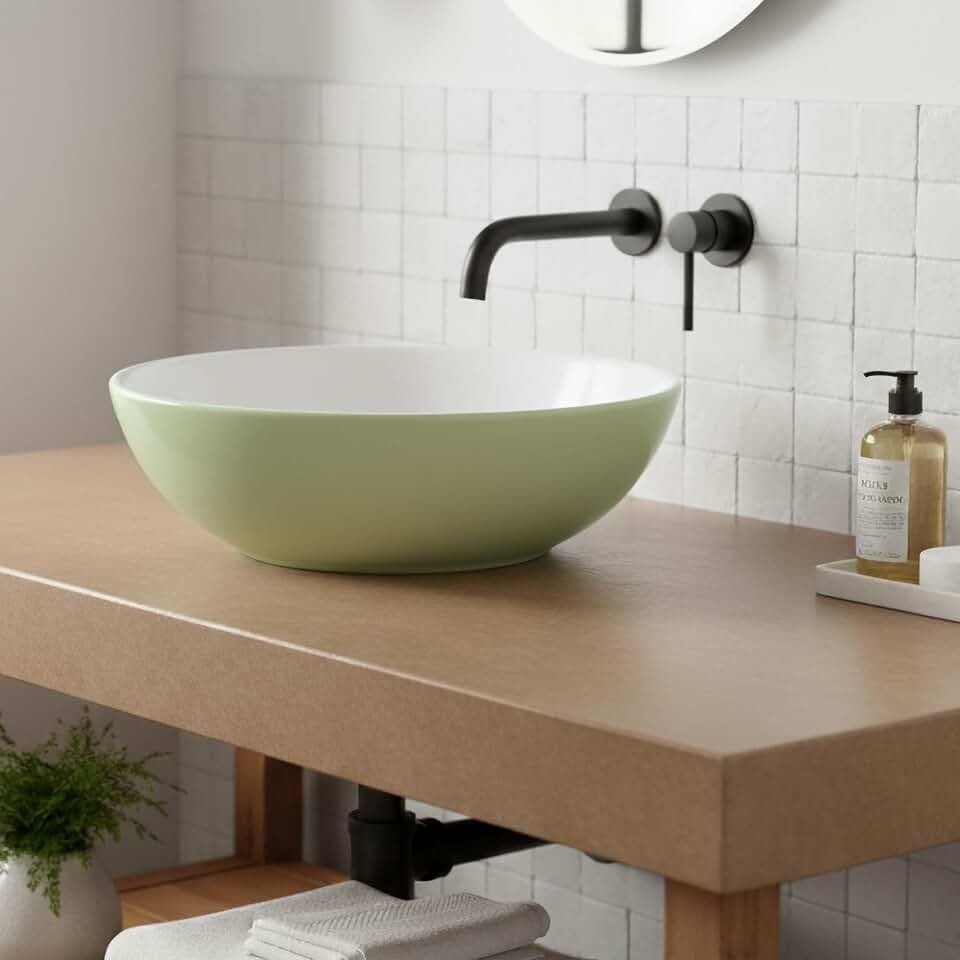 Fine Fixtures Bathroom Sink - 16 Inch Round Ceramic Vessel Sink, Modern Textured Interior Bowl Design, Perfect Sink for Bathroom Vanity, Sage Green Wash Basin
