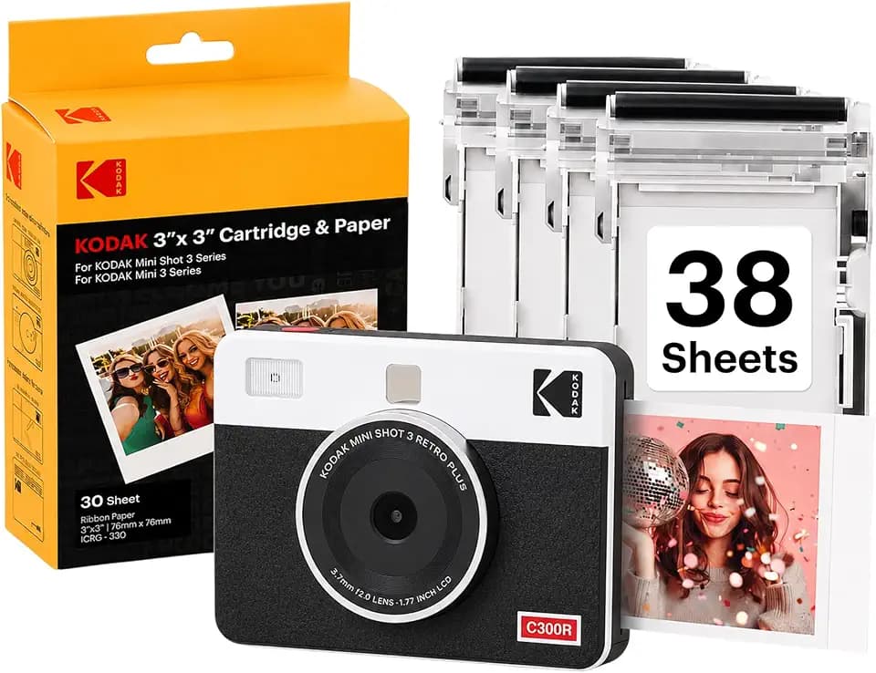 KODAK Mini Shot 3 Retro 3x3 Instant Camera, Photo Printer, 38 Sheet, White