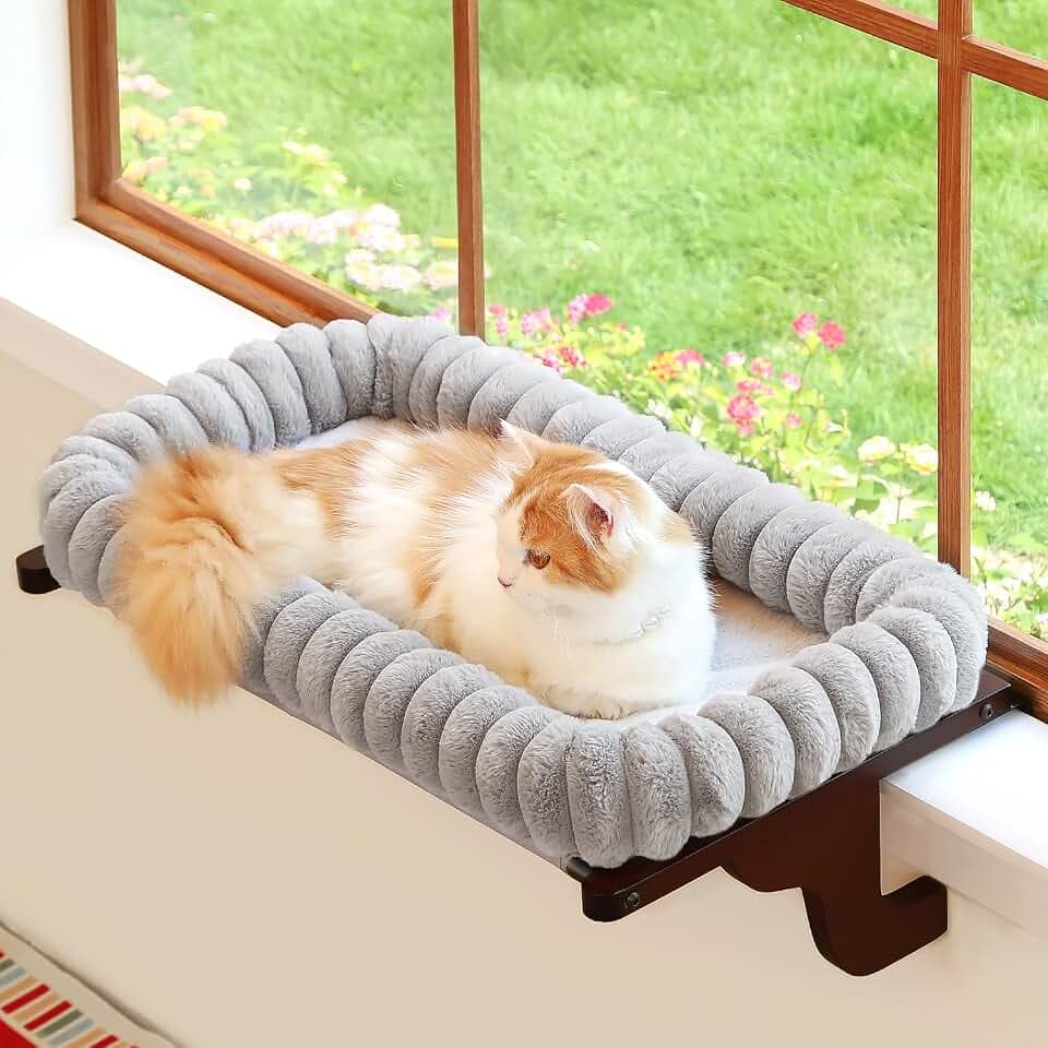Zakkart SnugCloud Cat Perch for Windowsill (Dark Stained Wood/Gray, M)