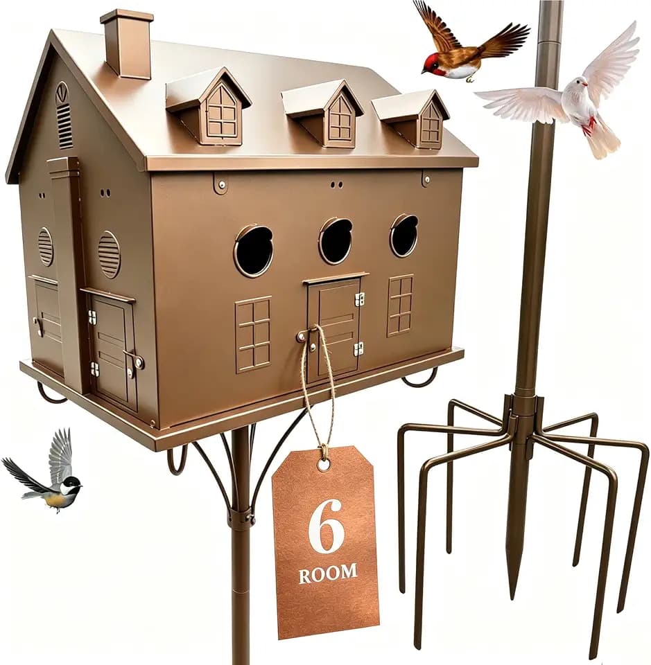 Preassembled 6-Room Metal Birdhouse with Pole, 7-Prong Stake