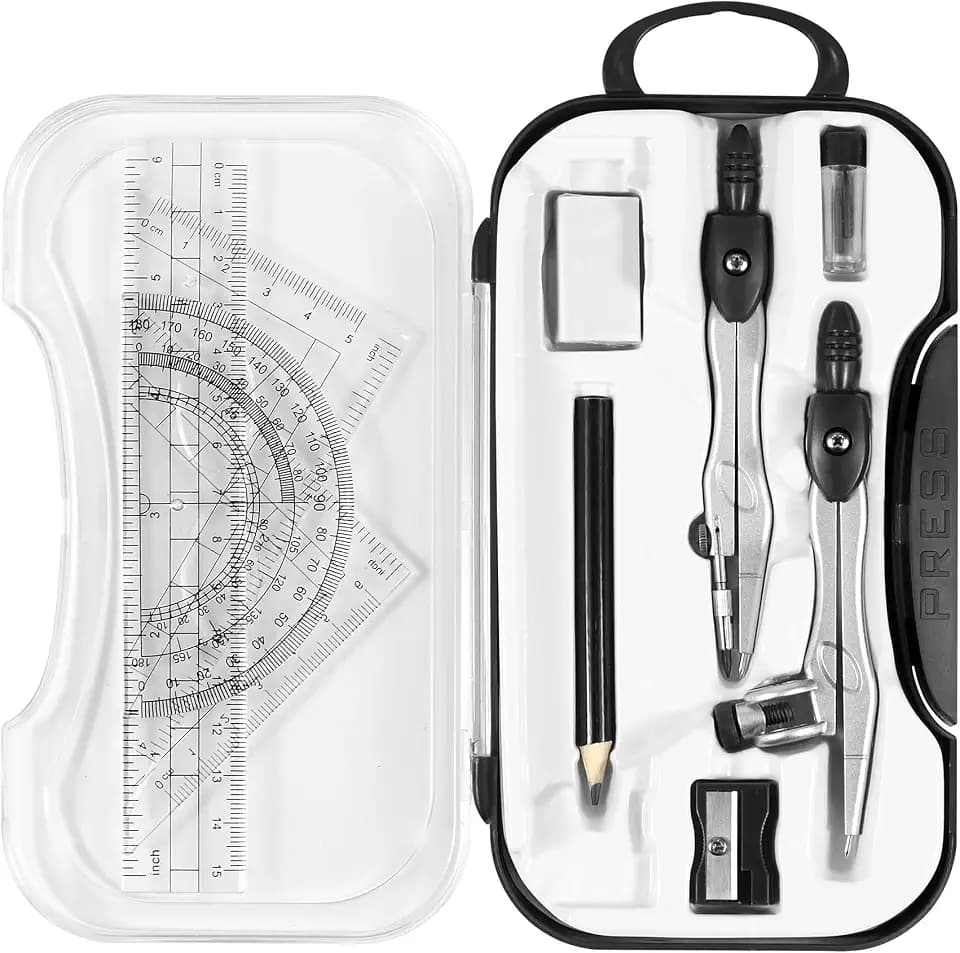 Unjoo Geometry Sets 10 Pcs Student Supplies, Protractor and Compass (Black)