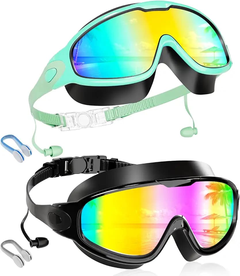 Aegend New Kids 2 Pack Wide View Swim Goggles, Anti-Fog/UV No Leak Goggles with Ear Plugs Kids 3-14