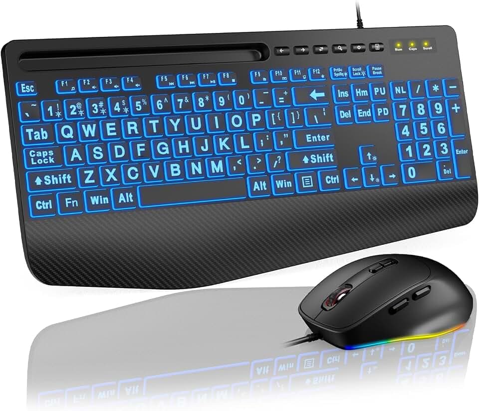 SABLUTE Wired Large Print Backlit Keyboard and Mouse Combo with Palm Rest
