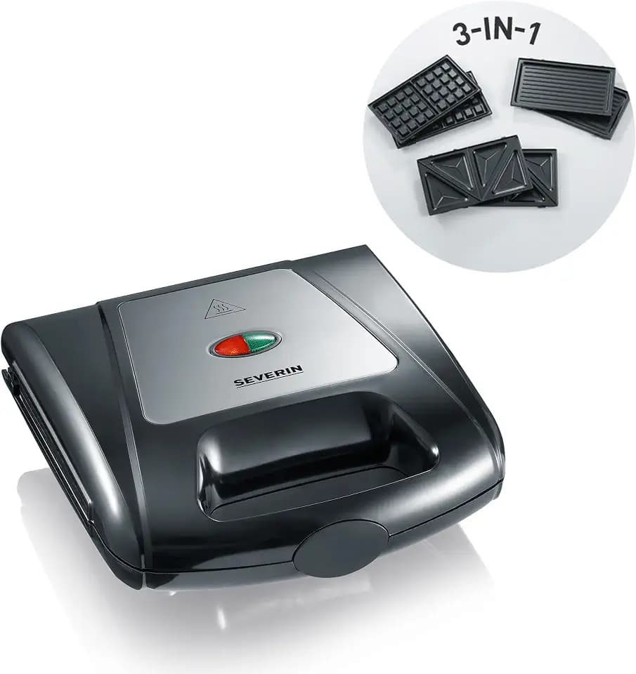 Severin 3in1 Sandwichmaker Sandwich-Toaster, auswechselbare Platten: Brüsseler-Waffeleisen, Grillplatten, Sandwich-Toasts, antihaftbeschichtet, 1.000 W, Edelstahl-gebürstet, schwarz, SA 2968