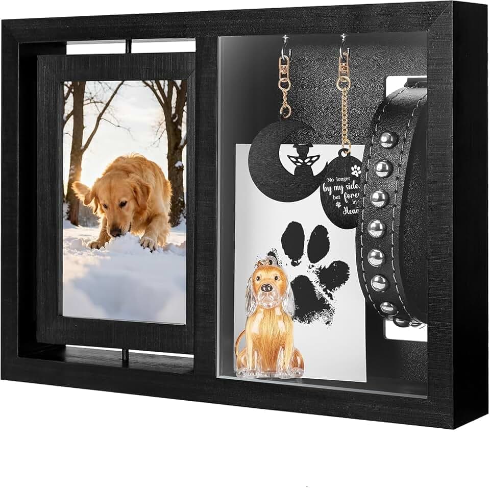Dog & Cat 3-in-1 Memorial Wooden Picture Frame Set, Lost Pet Sympathy Gifts with 360° Rotation Wooden Picture Frame for Two 4"x6" Photos, Pet Memory Gifts for Dog/Cat Passing