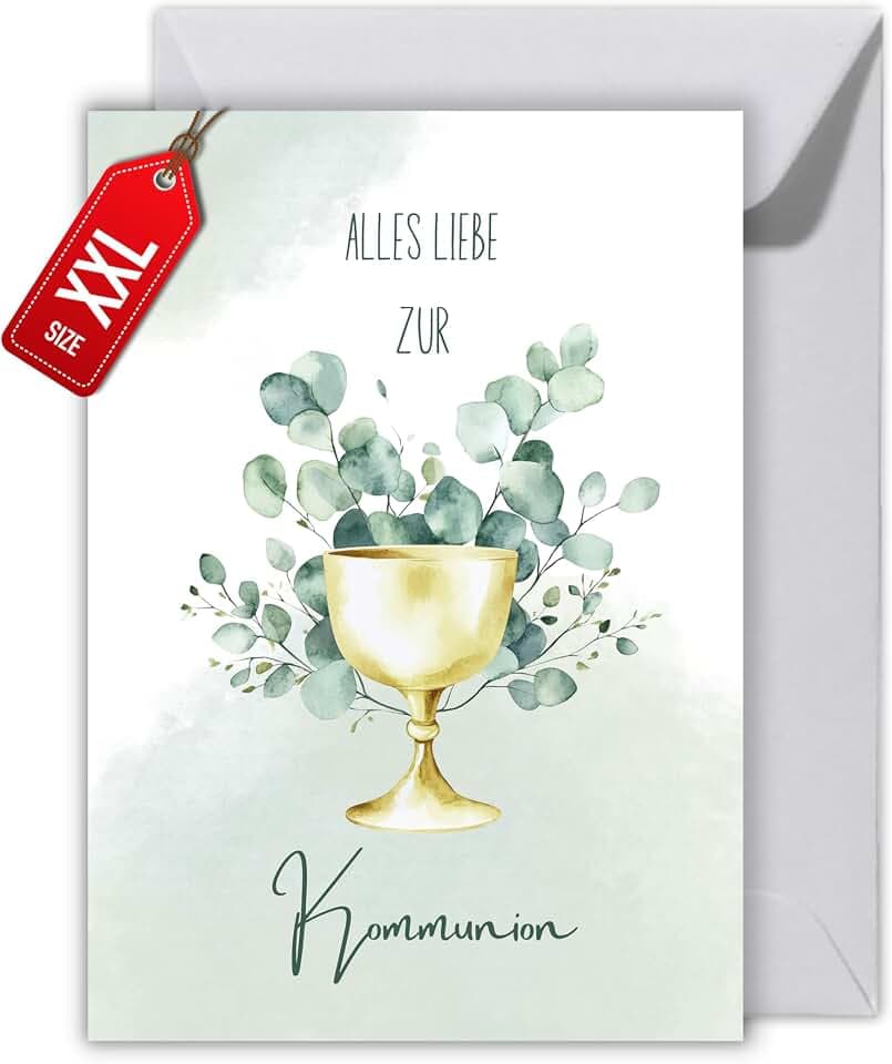 WBdesignz Kommunionskarte „Alles Liebe zur Kommunion“ mit eukalyptusfarbenem Umschlag – elegante Glückwunschkarte mit Kelch & Eukalyptus - christlich & stilvoll (XXL DIN A4)