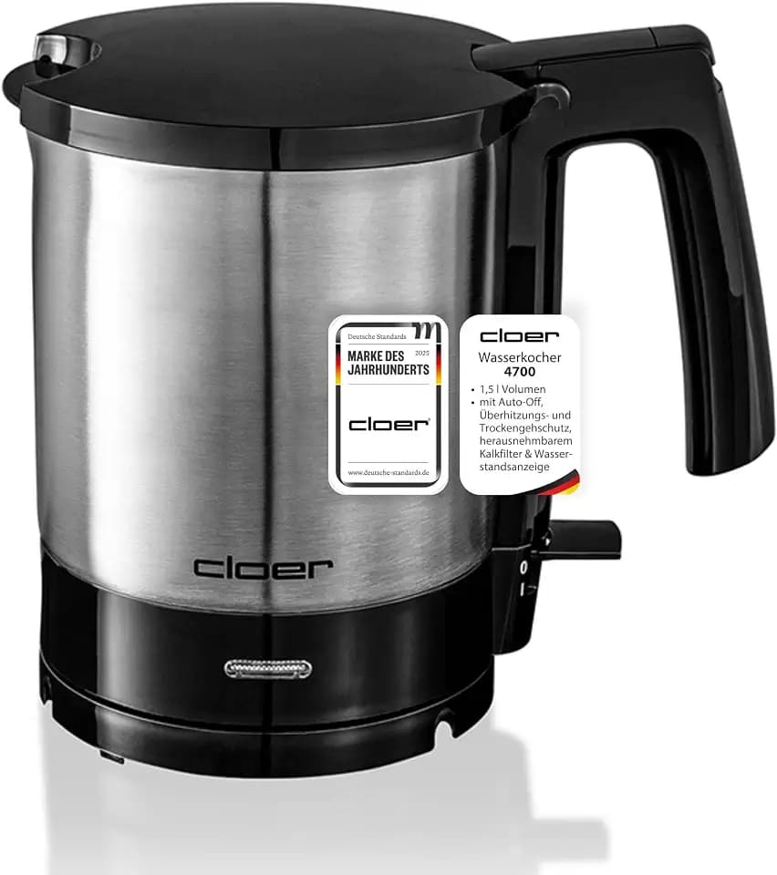Cloer 4700 Wasserkocher 1,5 l mit herausnehmbarem Kalkfilter, innenliegende Füllmengenmarkierung, Überhitzungs- & Trockengehschutz, 360°-Basis, Edelstahl, schwarz, 2200 Watt