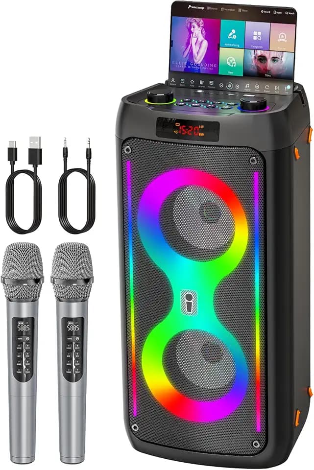 Karaoke-Maschine, Bluetooth-Lautsprecher mit 2 kabellosen Mikrofonen