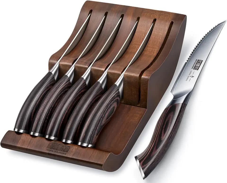 HOSHANHO Steakmesser Set mit 7 Teilen, 12cm Steak Messerset mit Messerblock