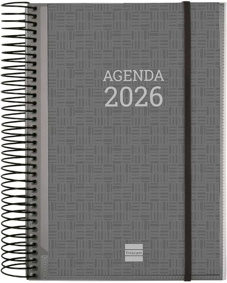 Finocam Spiralkalender 2026, 1 Tag pro Seite, Januar bis Dezember (12 Monate), Jahresplaner 2026, mit Gummizug, Einband aus Polypropylen, personalisierbar, Spanisch