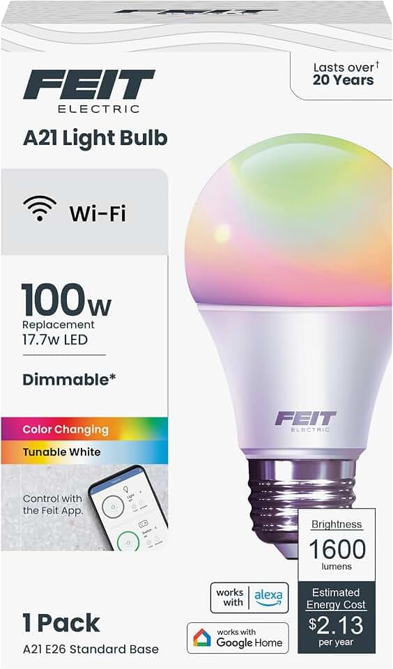 Feit Electric Smart Light Bulbs, A21 RGBW Color Changing, 100W Eq - 1 Pack