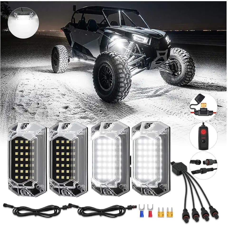 4Pods Full Angle Pure White LED Rock Lights Kit Plug-Play&Pre Wired 6500K