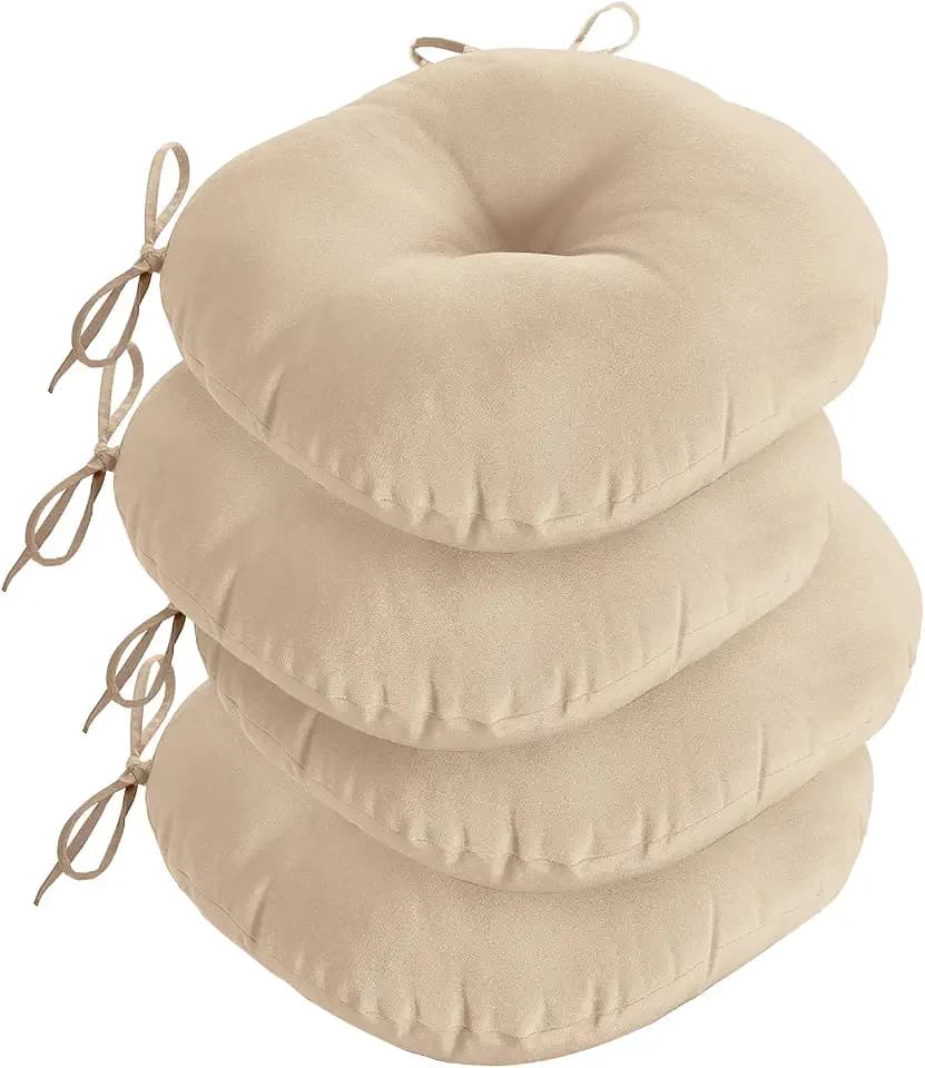 downluxe Bistro Chair Cushions for Patio Furniture, Water-Resistant Round Outdoor Chair Cushions Set of 4 with Non-Slip Ties, 15" x 15", Beige