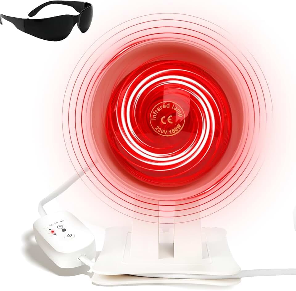 Rotlichtlampe Wärmelampe, 150W Infrarotlampe mit Rotlicht Brille, 3 Stufen Timer & 4 Stufen Temperatur, Einstellbarer Winkel, Tragbarer Heimgebrauch, Red Light zur Lockerung von Muskeln