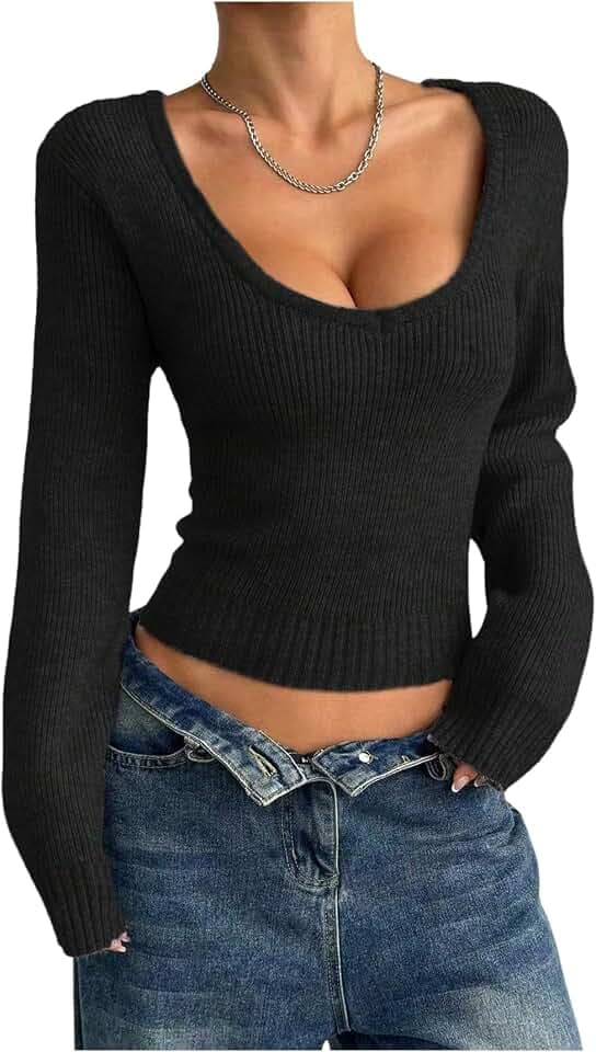 Milumia Women's Scoop Neck Sweater Y2k Slim Fit Pullover Knit Tops