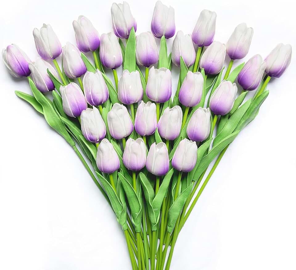30 PCS Artificial Tulips Real Touch Tulips 13.5inch Long Stem Fake Flowers Silk Flowers for Spring Easter Mother's Day Decorations(Light Purple)