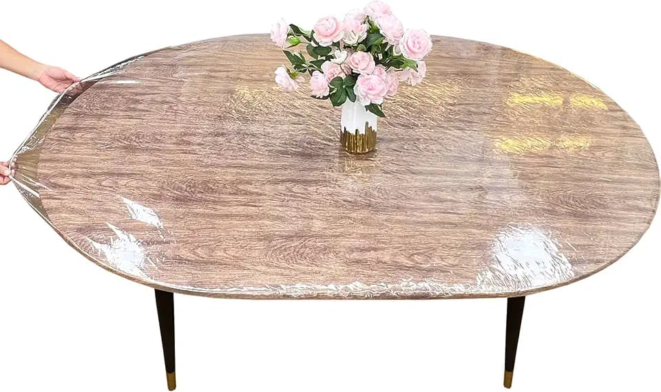 LIBERECOO Transparente, ovale Vinyl-Tischdecke, strapazierfähig, elastische Tischabdeckung, elastischer Rand, Kunststoff-Tischdeckenschutz, ideal für den Innen- und Außenbereich (geeignet für ovale