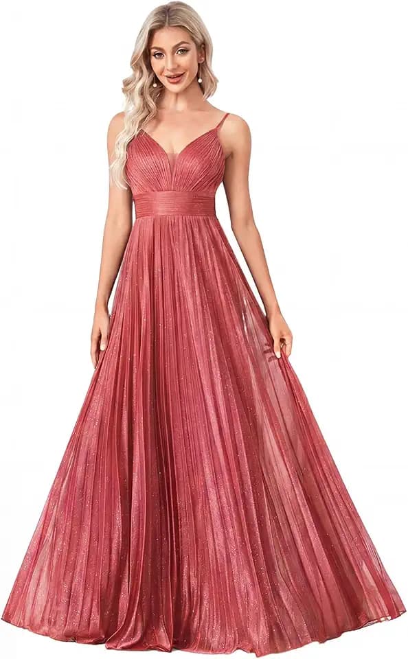 Sexy Backless Maxi Formal Dress for Women with Sequin, Sleeveless Pleated Evening Gowns for Wedding and Cocktail