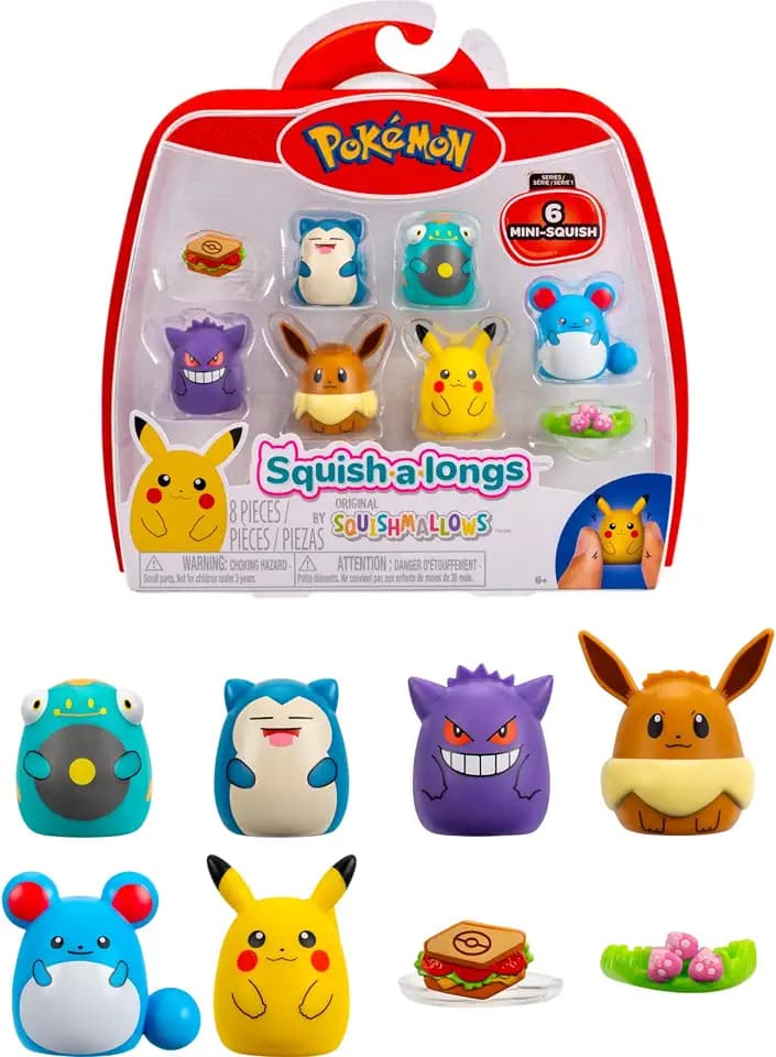 Squish-a-longs Pokémon Mini-Squish 6-Pack (Gengar, Pikachu, Snorlax, Eevee, Bellibolt, Marill) (Amazon Exclusive)