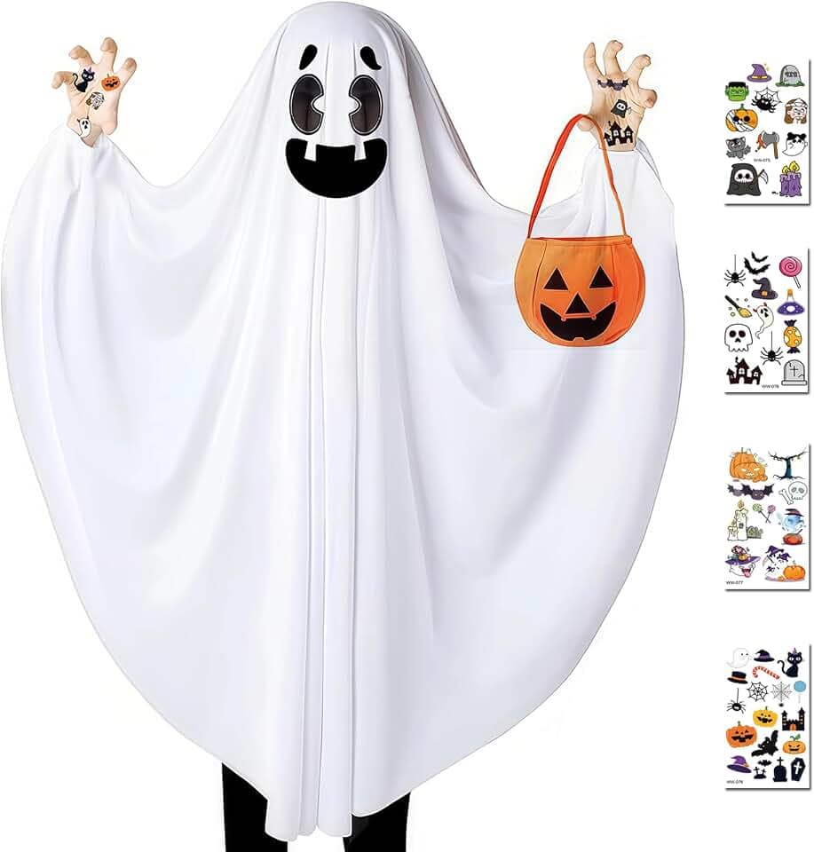 Charfia Gespenst Kostüm Kinder, Geist Geister Kostüm Geisterkostüm Kinder Halloween Kostüm Geist kinder, Weiß Umhang für Jungen Mädchen Halloween Karneval Fasching