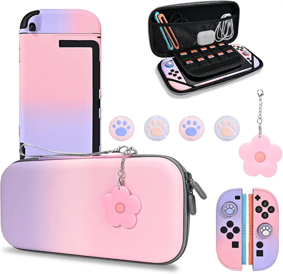 DLseego Storage Carrying Case for Nintendo Switch 2 2025 Accessories Set, 10 Game Card Slots Cute Protective, 1 Hard PC Case, 1PC Flower Blossom Chain, 4 Thumb Grips, Slim & Portable - Pink Purple