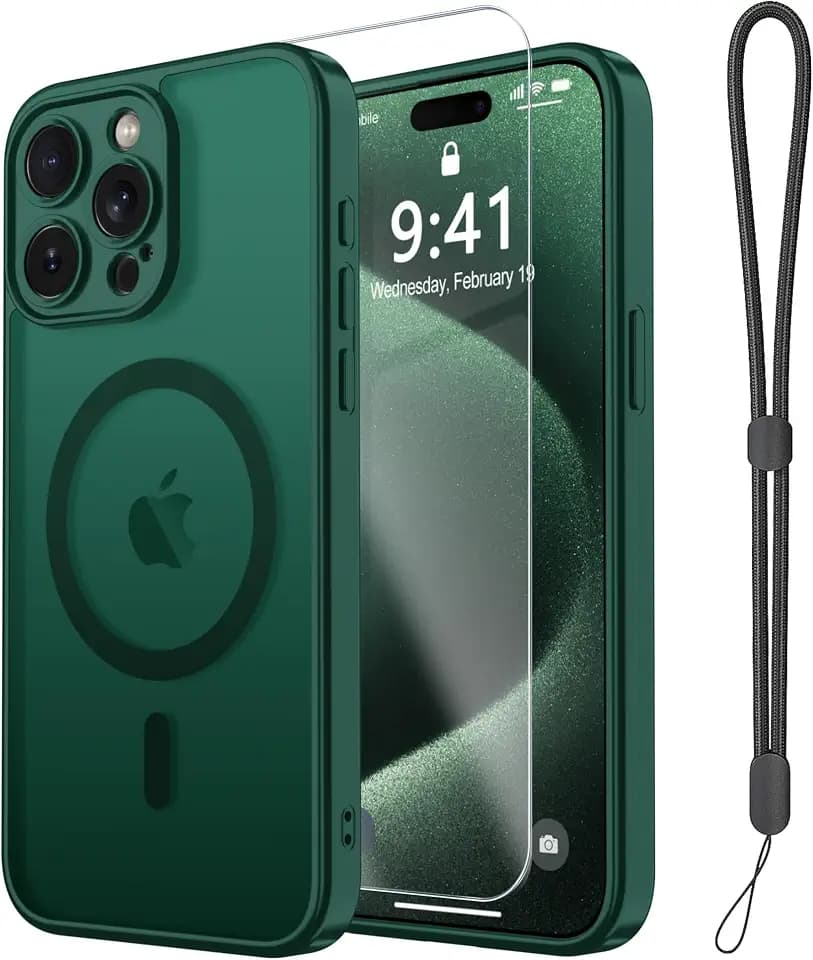 Magnetic Case for iPhone 15 Pro Max Case with Screen Protector+Wrist Strap