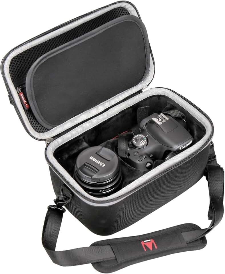 Mchoi Camera Case Compatible with Canon EOS Rebel T7/T8i/T5/R50/R100 & 18-55mm Lens, Shockproof EVA DSLR Travel Storage Bag with Shoulder Strap, Black