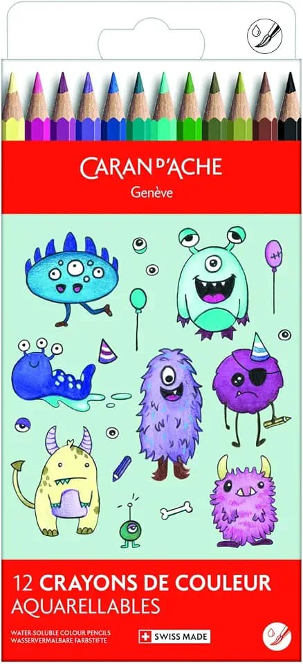Caran d’Ache Swisscolor Kawaii Set 12 Farbstifte Aquarell Funny Monsters, Buntstifte wasservermalbar, Kinder Malstifte Schule Kreativ, 1285.801