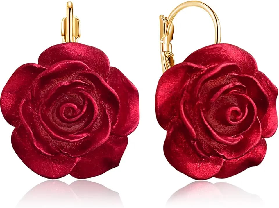 Sparkly Vintage Resin Rose Flower Camellia Leverback Dangle Drop Earrings for Women Lover