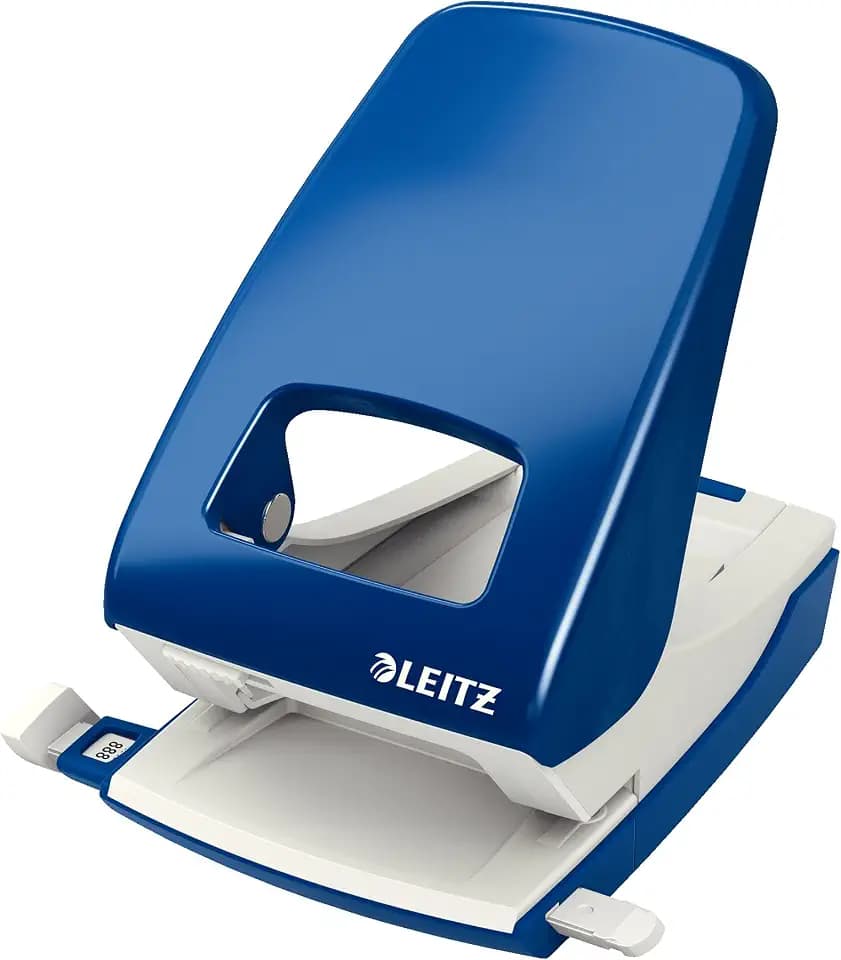 Leitz Starker Büro Locher aus Metall, Für 40 Blatt, Anschlagschiene mit Formatangaben, Ergonomisches Design, blau, 51386035