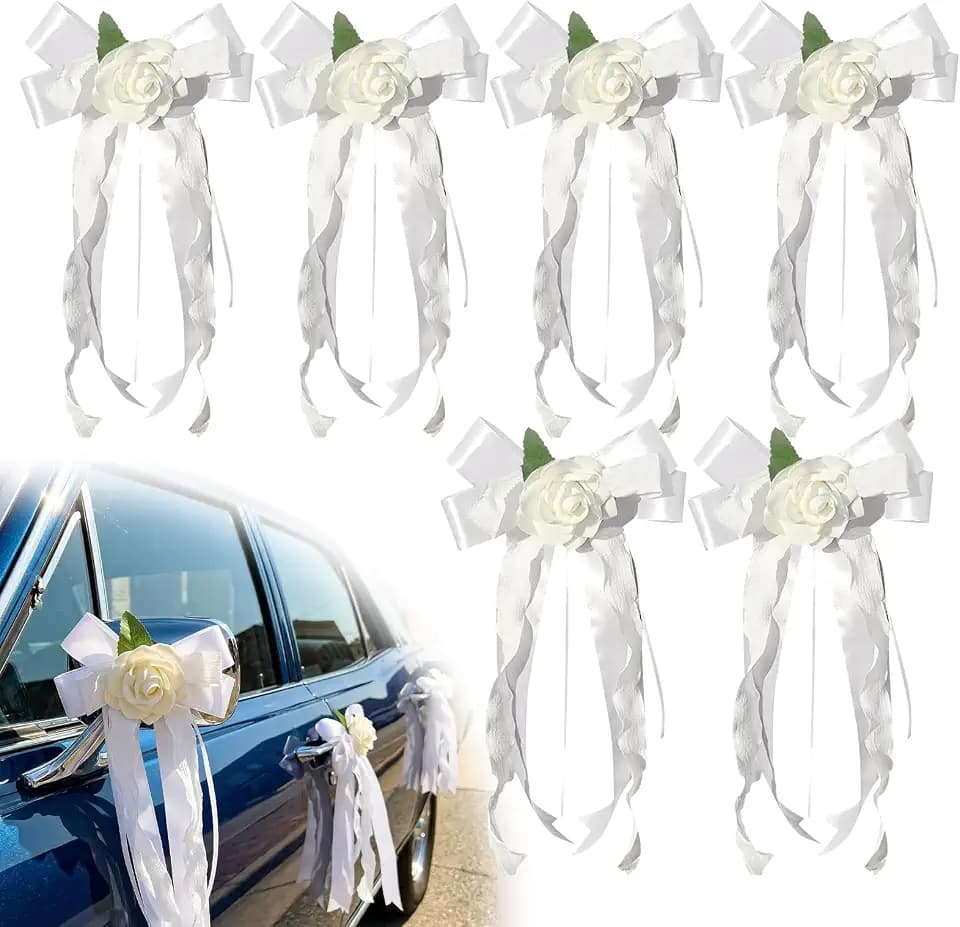6PCS Wedding Car Door Handle Flowers, White Artificial Cars Rearview Mirror Bouquet Flower Bowknot Ribbon Decors, Just Married Automotive Decoration Accessories for Door Handles and Rearview Mirrors