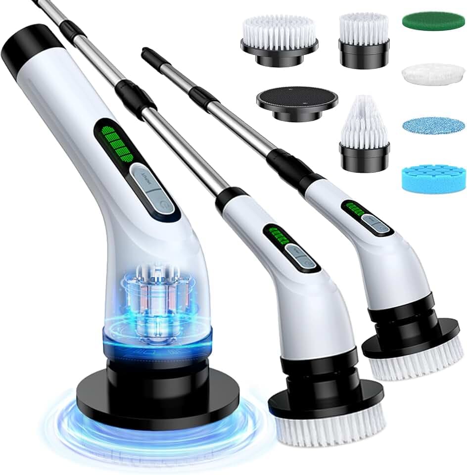 Electric Spin Scrubber, 2-Speed Cleaning Brush, Extendable Handle (White)