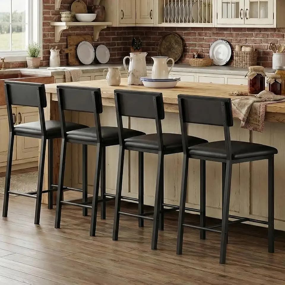 GarveeHome Bar Stools Set of 4 w/Soft Back and Upholstered Seat, 24.8 Inches Counter Height Barstools with Footrest & Thickened Metal Legs, for Kitchen Island, Bar, Black