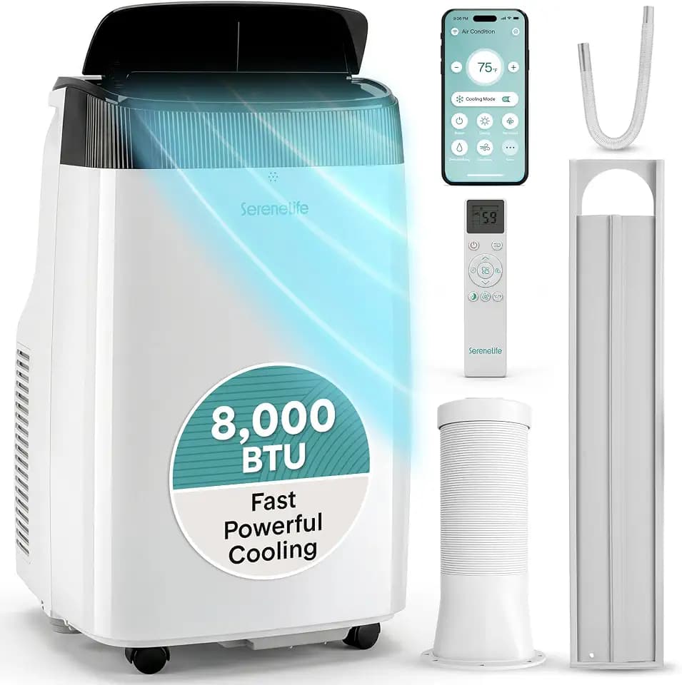 SereneLife Portable Air Conditioner 8000 BTU With WIFI | 3-in-1 Cooling, Fan and Dehumidifier | 24-H Timer up to 350 sq ft Coverage | AC Unit for Bedroom, Home & Office | Window Kit & Remote
