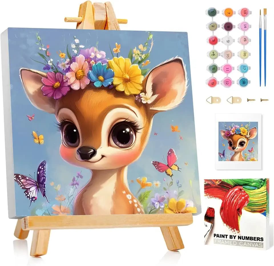 Reh Malen Nach Zahlen Kinder mit Rahmen, Reh Malen Nach Zahlen Kinder ab 5 6 7 8 9 10 Jahre, Malset Geschenk für Mädchen und Jungen - 20x20cm Mit Staffelei