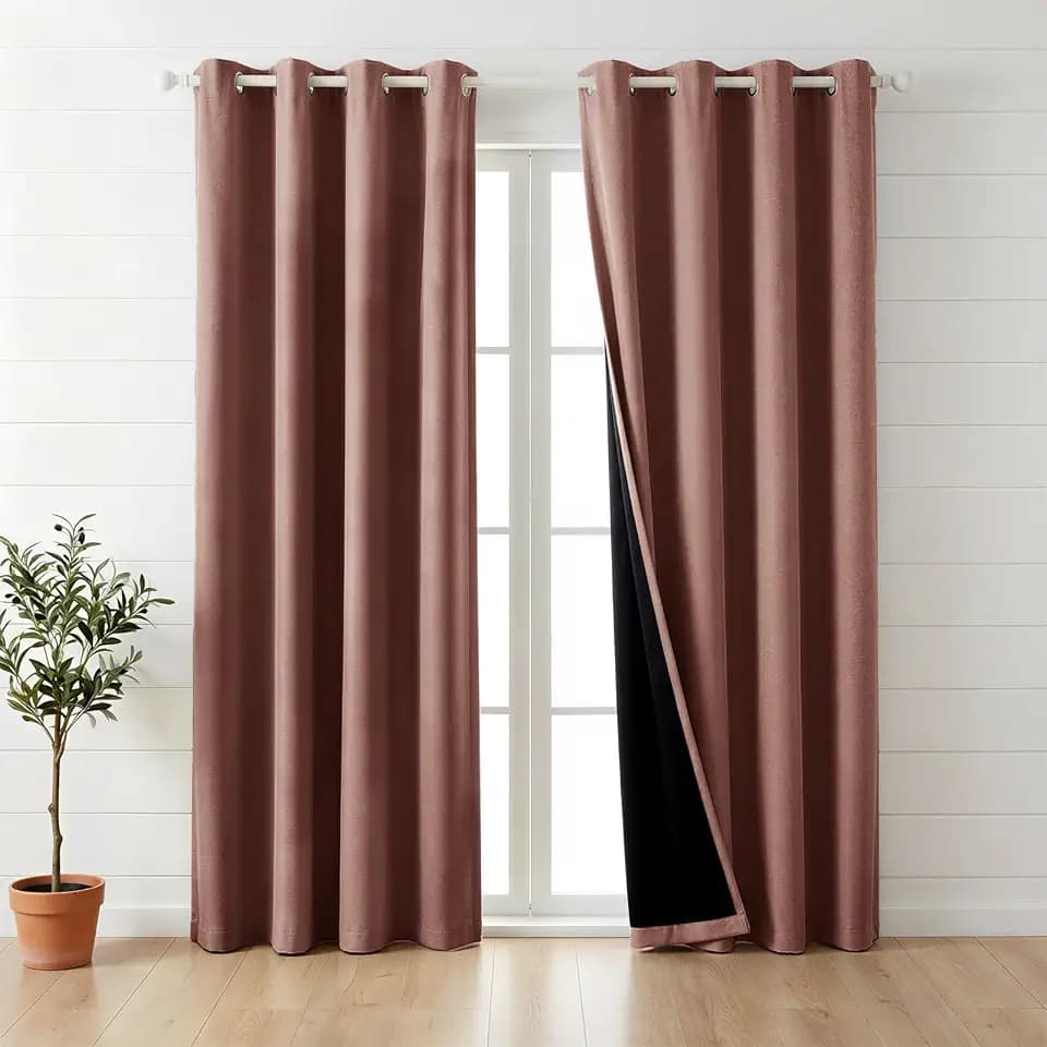 Faux Linen 100% Blackout Curtains 63 inch Long,2 Panels,Red Brown