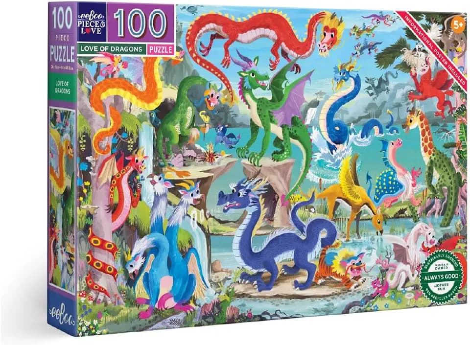 eeBoo Love of Dragons 100 Piece Children's Puzzle, 24" x16"