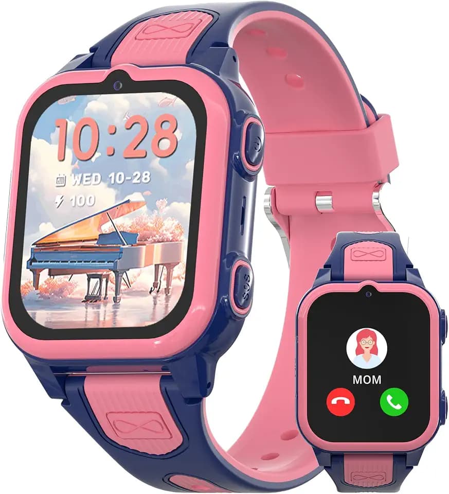 4G Kids Smart Watch with GPS Tracker Video Voice Calling Text Chat SOS Call, Waterproof Smartwatch Age 5-12, Wallpaper Store School Model Camera Pedometer Game Alarm Clock Stopwatch for Kid(Pink)