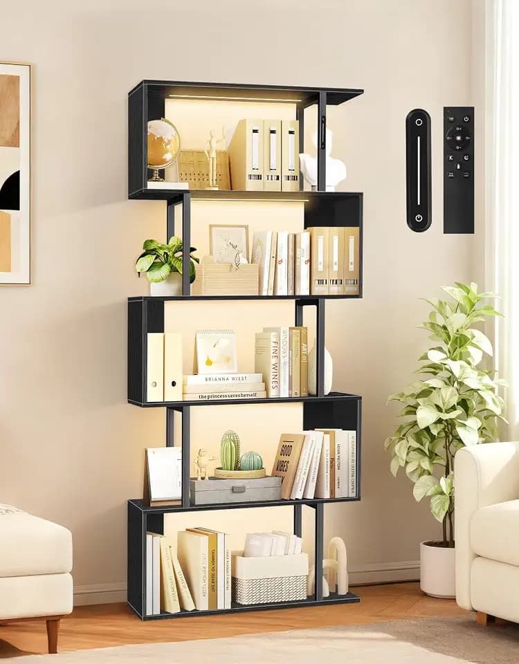 S-förmiges Bücherregal mit Licht, 5 Ebenen, Touch- und Fernbedienung, Freistehendes Regal zur Anzeige, Industrie-Speicherlösung für Wohnzimmer, Schlafzimmer, Büro (70 × 24 × 157 cm)