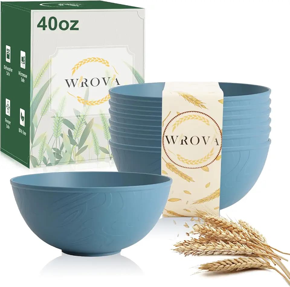Wrova Wheat Straw Bowls for Kitchen, Blue Bowls Set of 6, 40oz Salad Bowls