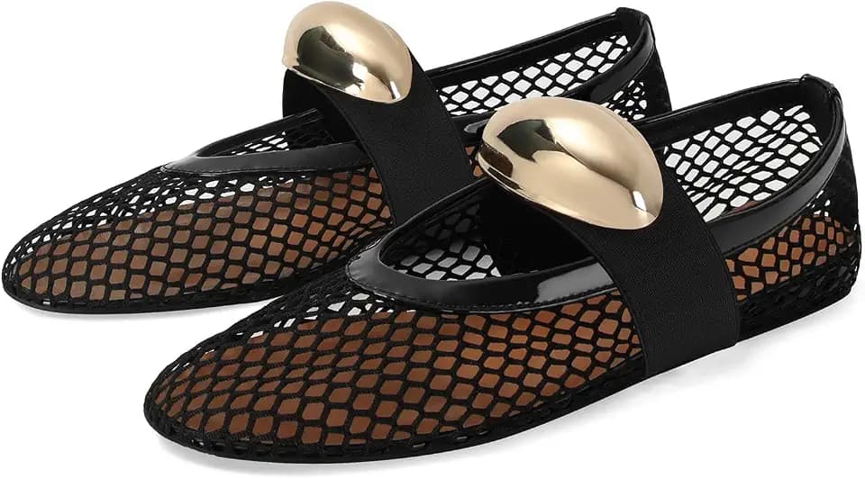 MICIFA Women's Mesh Ballet Flats Fishnet Ballerina Flats Buckle Strap Mary Jane Causal Daily Dress Shoes