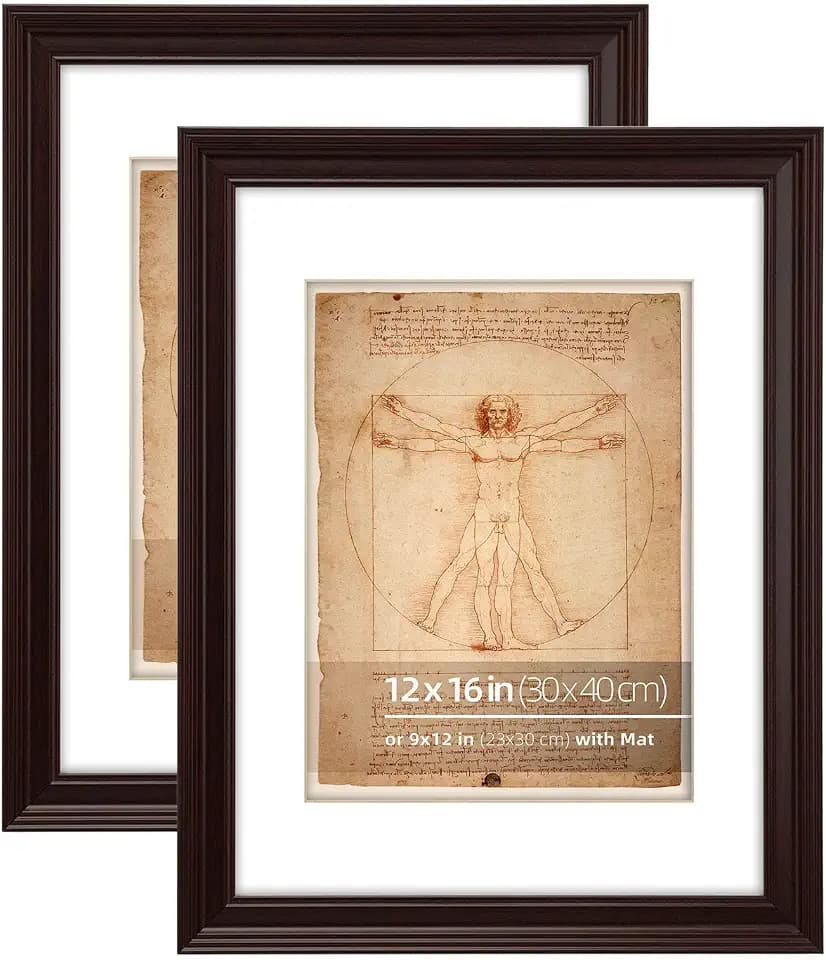 12x16 Mahogany Beveled Design Ornate Classic Picture Frame, Matted to 9x12 inches, Plexiglass Cover, Vertical or Horizontal Wall Mount Display, 2 Pack