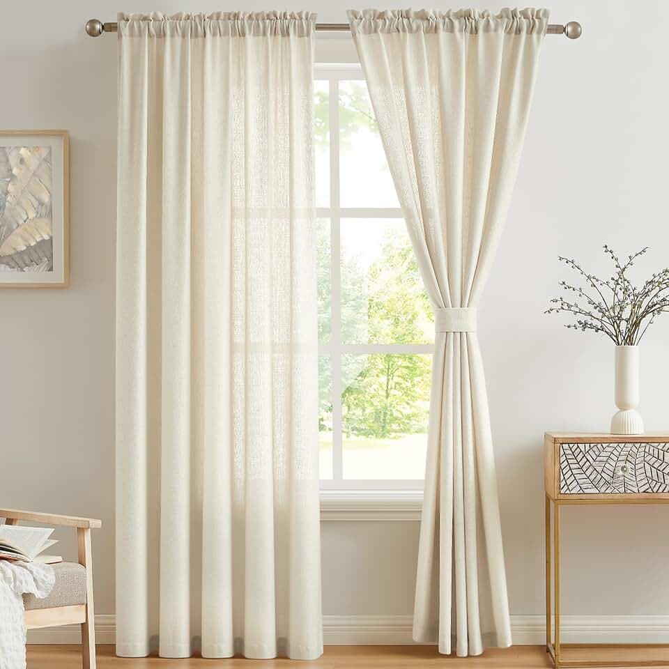 Melodieux Vorhänge Beige Transparent Leinen Optik Voile Gardinen für Wohnzimmer Schlafzimmer, 2er Set 260x140cm