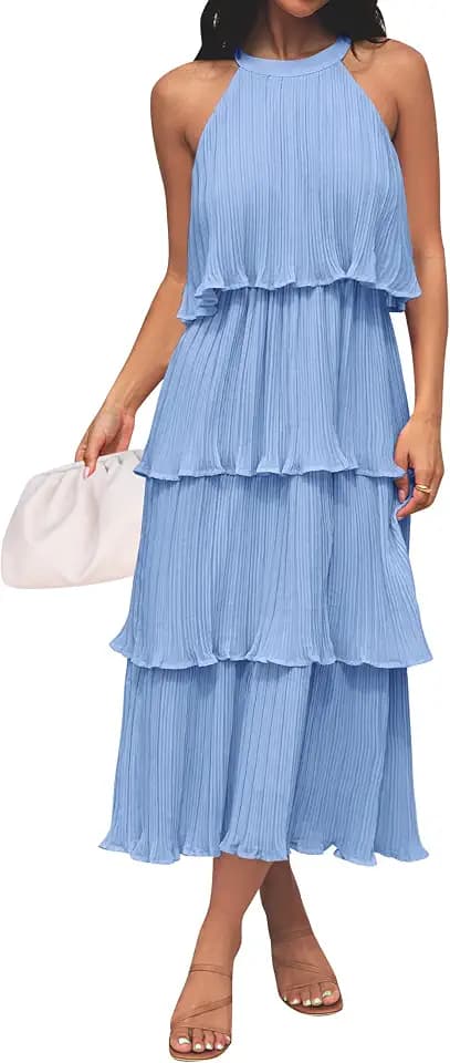ZESICA Womens Summer Halter Ruffle Wedding Guest Midi Dresses