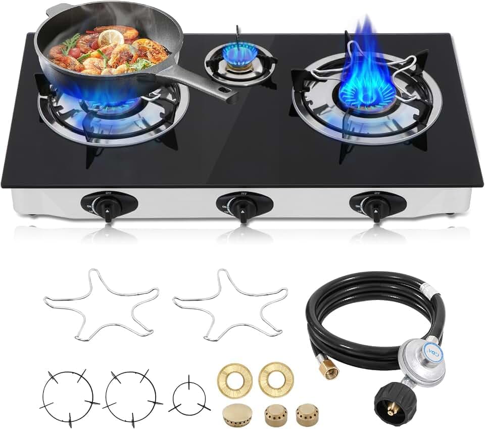 Propane Gas Cooktop,3 Burners Gas Stove portable, 0.28"Tempered Glass, Auto Ignition Camping 3 Burner LPG for RV,Apartments,Outdoor