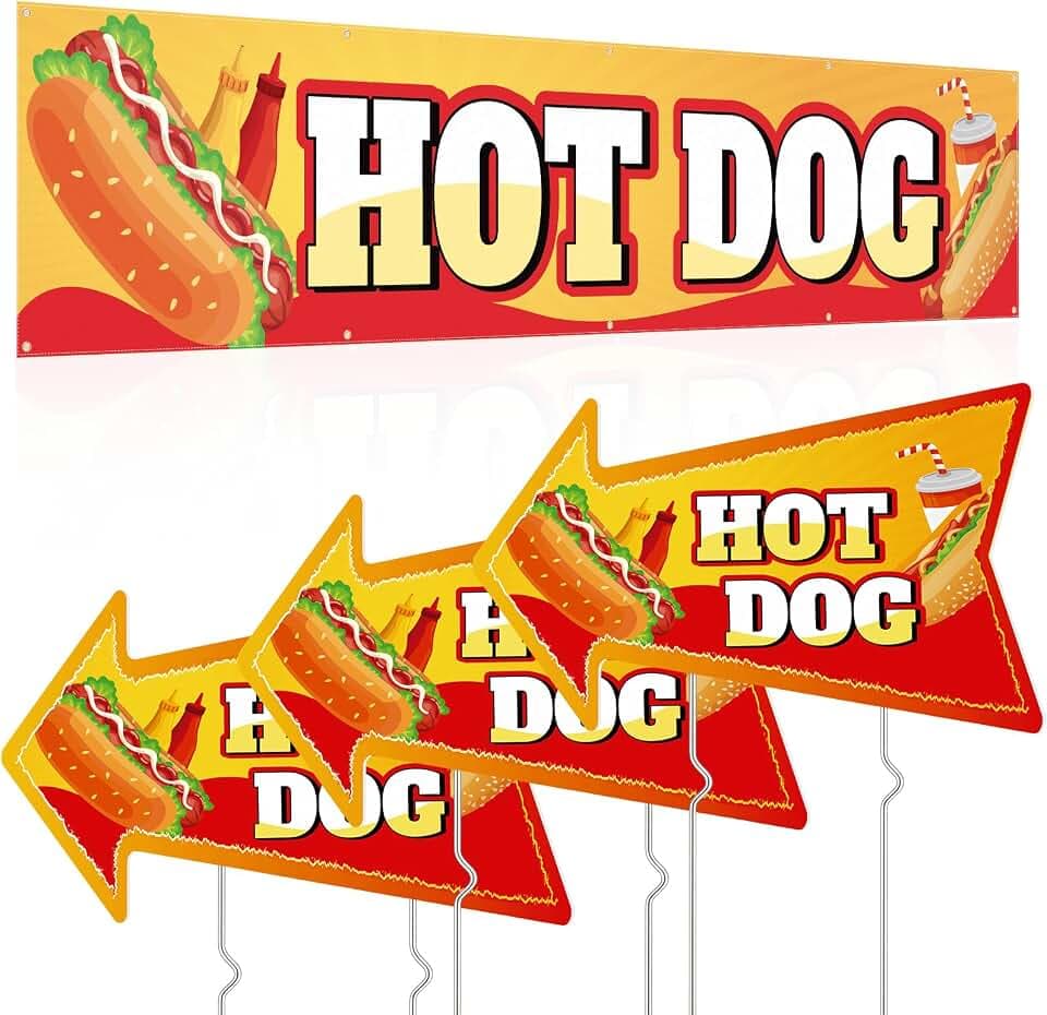 Tegeme 4 Set Hot Dogs Banner Stand Supplies 1 Pcs 2x10 ft Banner and 3 Pcs Hot Dogs Yard Signs with Metal Stakes Double Sided Print for Advertising Business Store Decor Home Lawn Outdoor