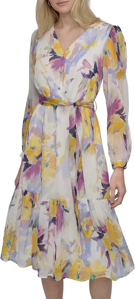 DKNY Women's Long Sleeve V-Neck Tie Waist Midi Dress