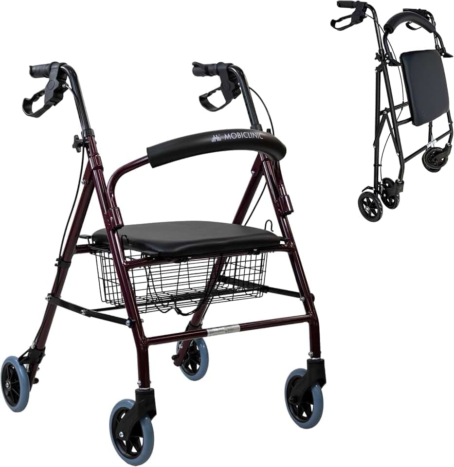 Mobiclinic®, Rollator für Senioren, Faltbar, Höhenverstellbar, Manuelle und Feststellbare Bremsen, bis 110 kg, mit Korb und Sitz, Leicht, Robust, Aluminium, Escorial (Bordeaux)
