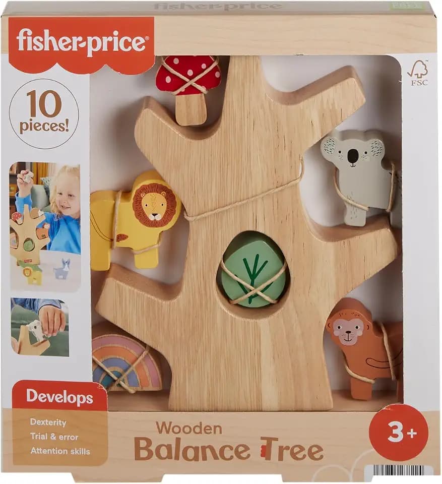 Fisher-Price Stapelspielzeug Balance-Baum aus Holz, 10 Holzteile für die spielerische Entwicklung für Kindergartenkinder ab 3 Jahren, HXT87