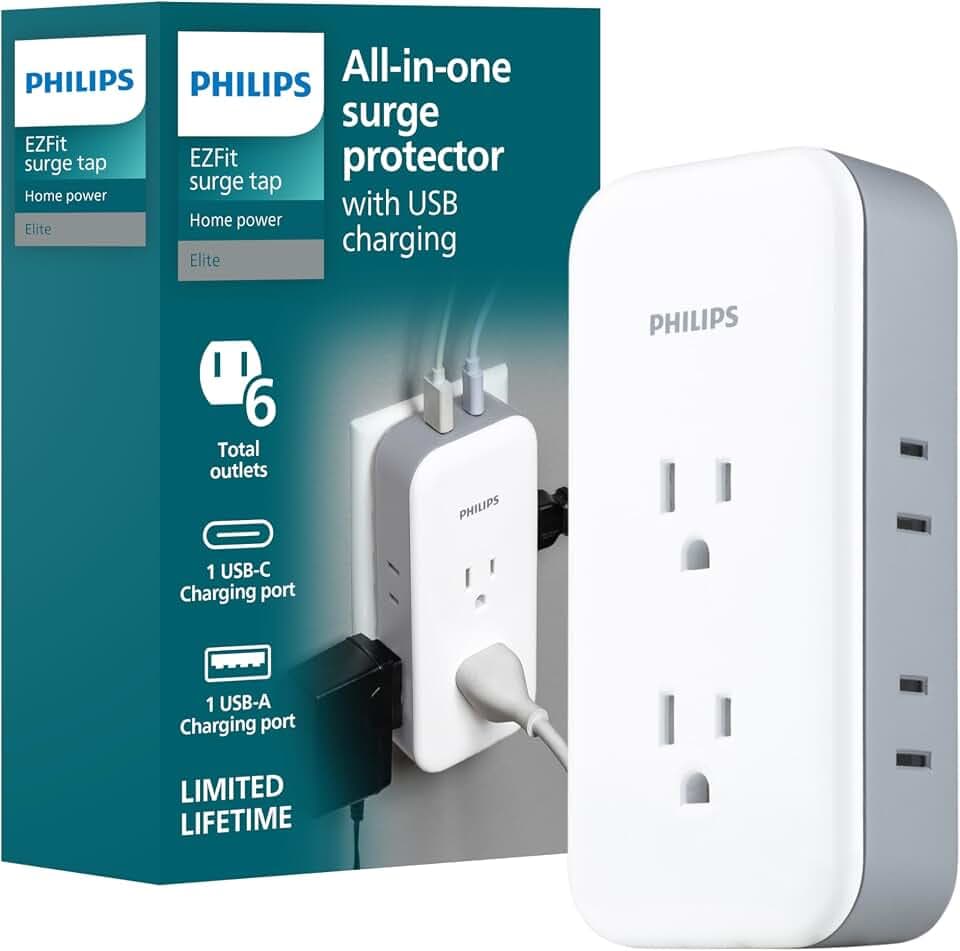 Philips Surge Protector Outlet Extender + USB Ports, 6 Outlet Wide-Spaced